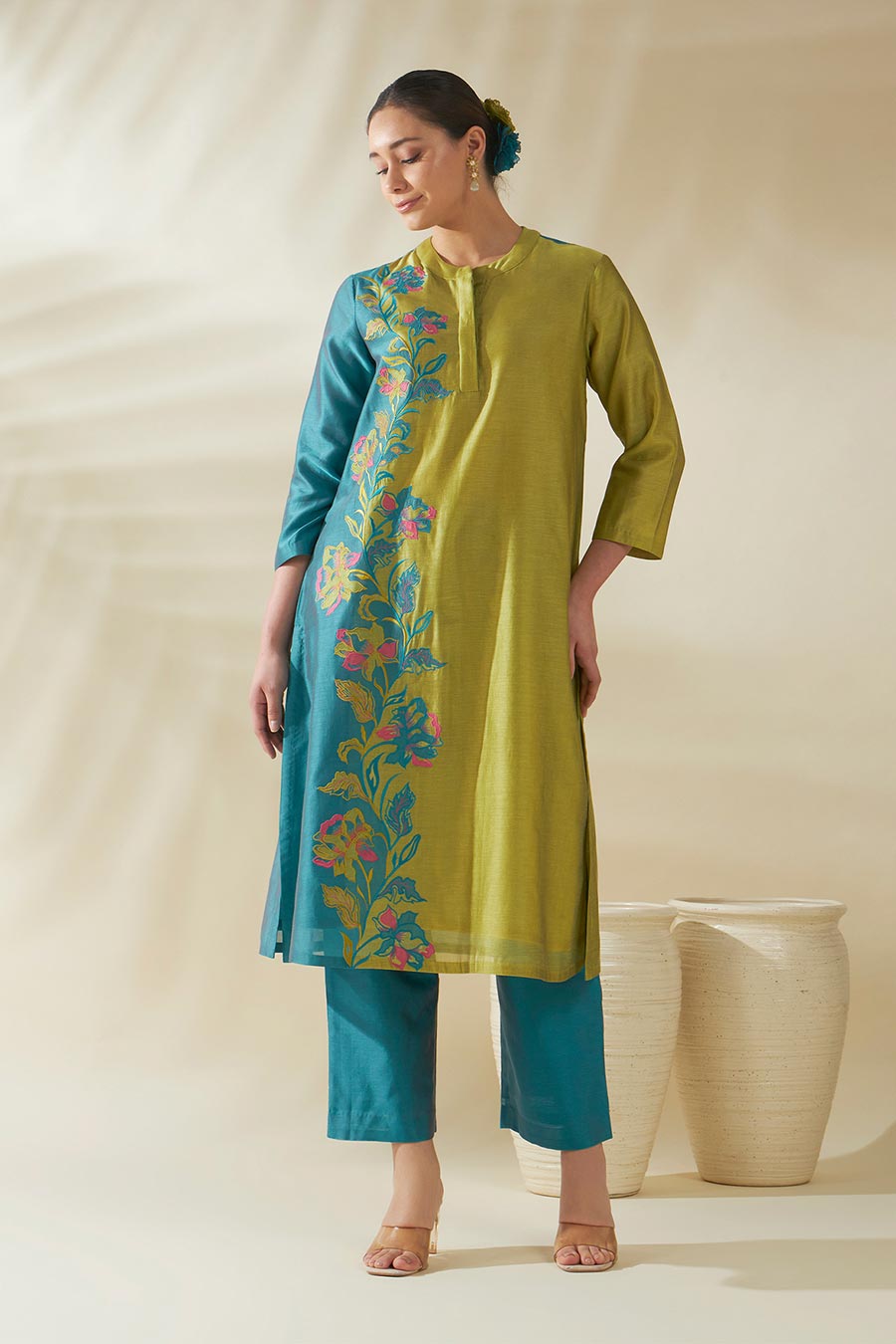 Blue-Green Aster Chanderi Embroidered Kurta Set