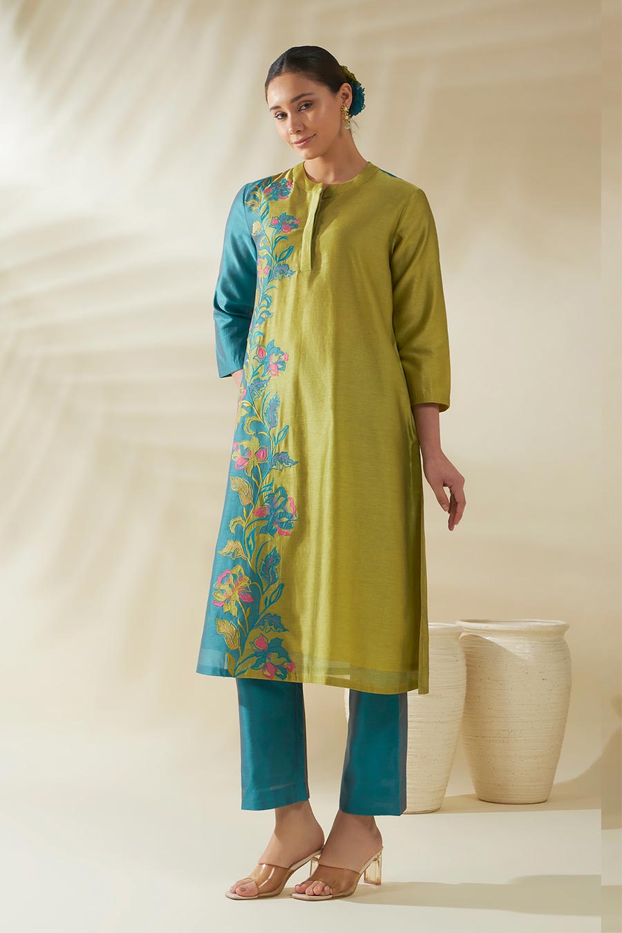 Blue-Green Aster Chanderi Embroidered Kurta Set