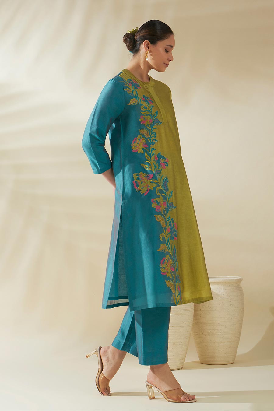 Blue-Green Aster Chanderi Embroidered Kurta Set