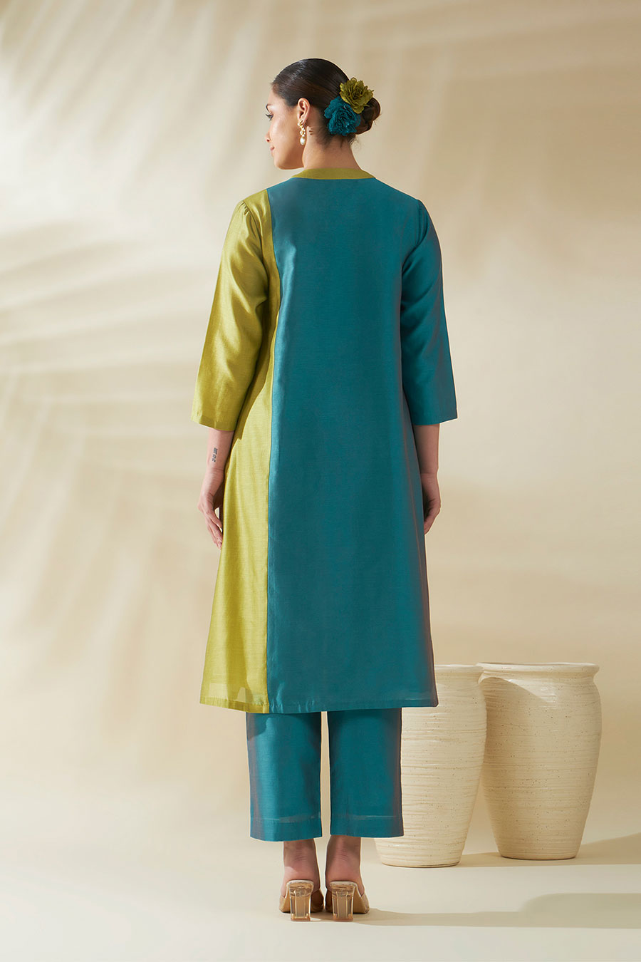 Blue-Green Aster Chanderi Embroidered Kurta Set