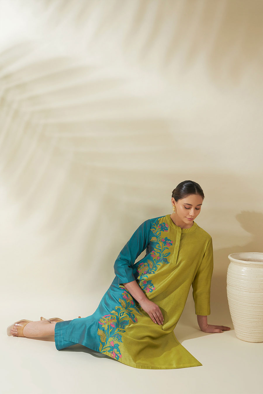 Blue-Green Aster Chanderi Embroidered Kurta Set