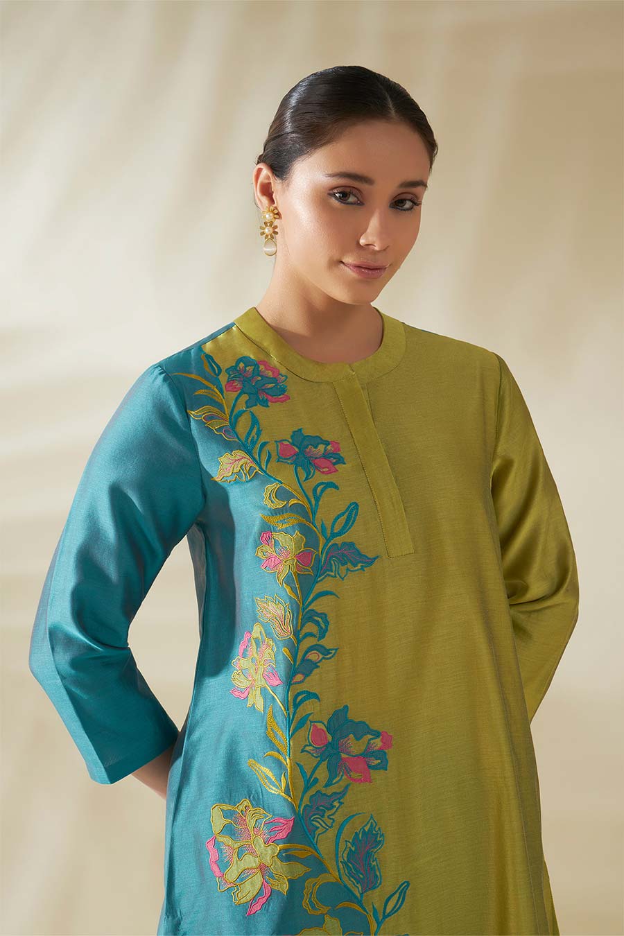 Blue-Green Aster Chanderi Embroidered Kurta Set