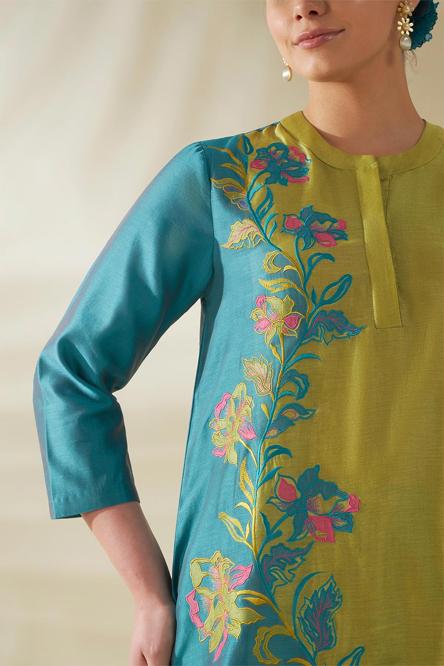 Blue-Green Aster Chanderi Embroidered Kurta Set