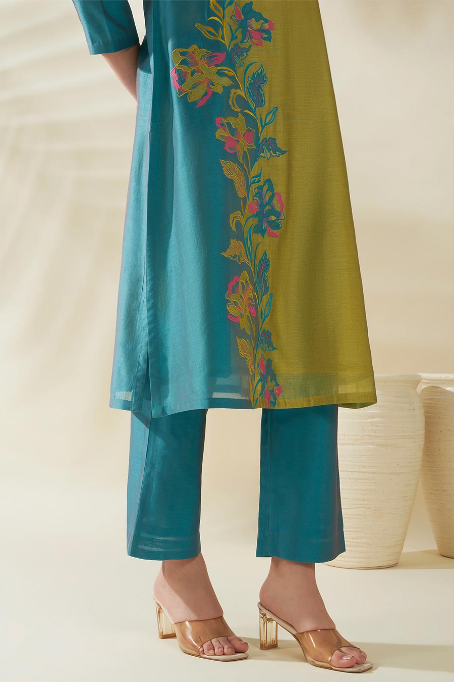 Blue-Green Aster Chanderi Embroidered Kurta Set