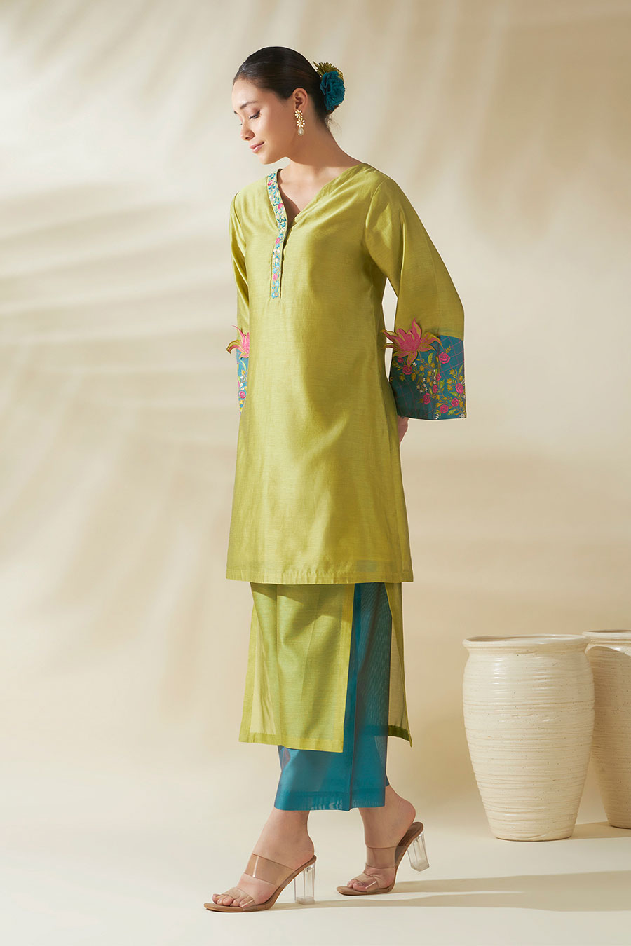 Green Tulip Chanderi Embroidered Tunic Set
