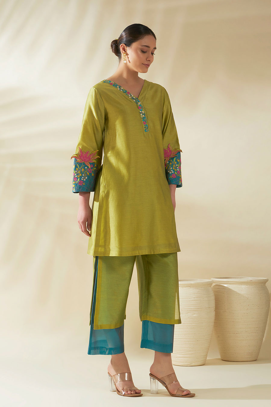 Green Tulip Chanderi Embroidered Tunic Set