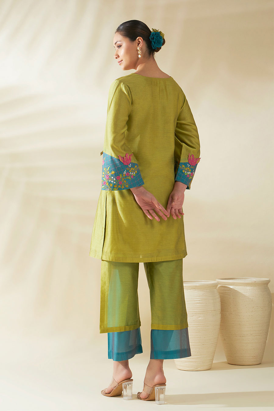 Green Tulip Chanderi Embroidered Tunic Set