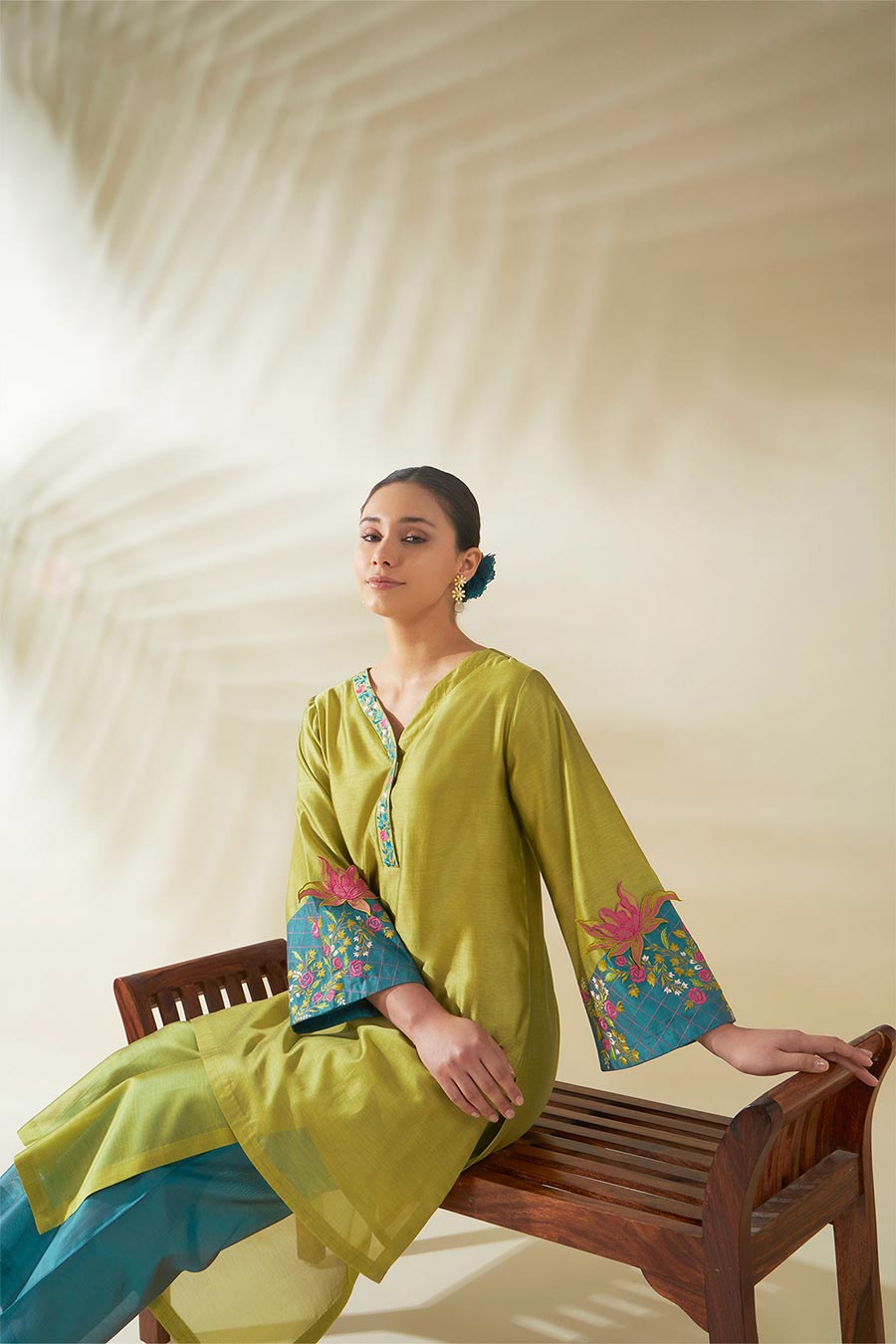 Green Tulip Chanderi Embroidered Tunic Set