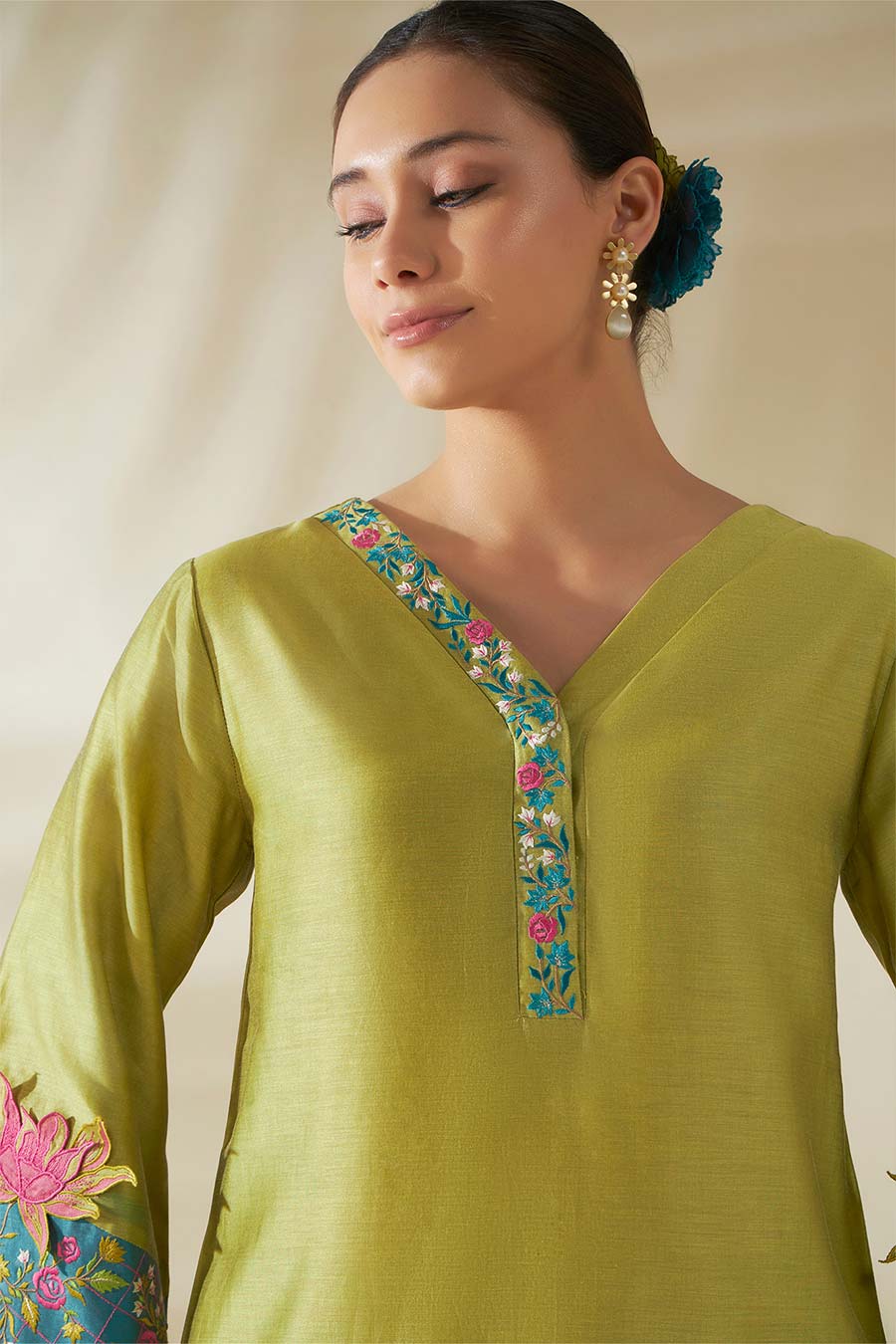 Green Tulip Chanderi Embroidered Tunic Set