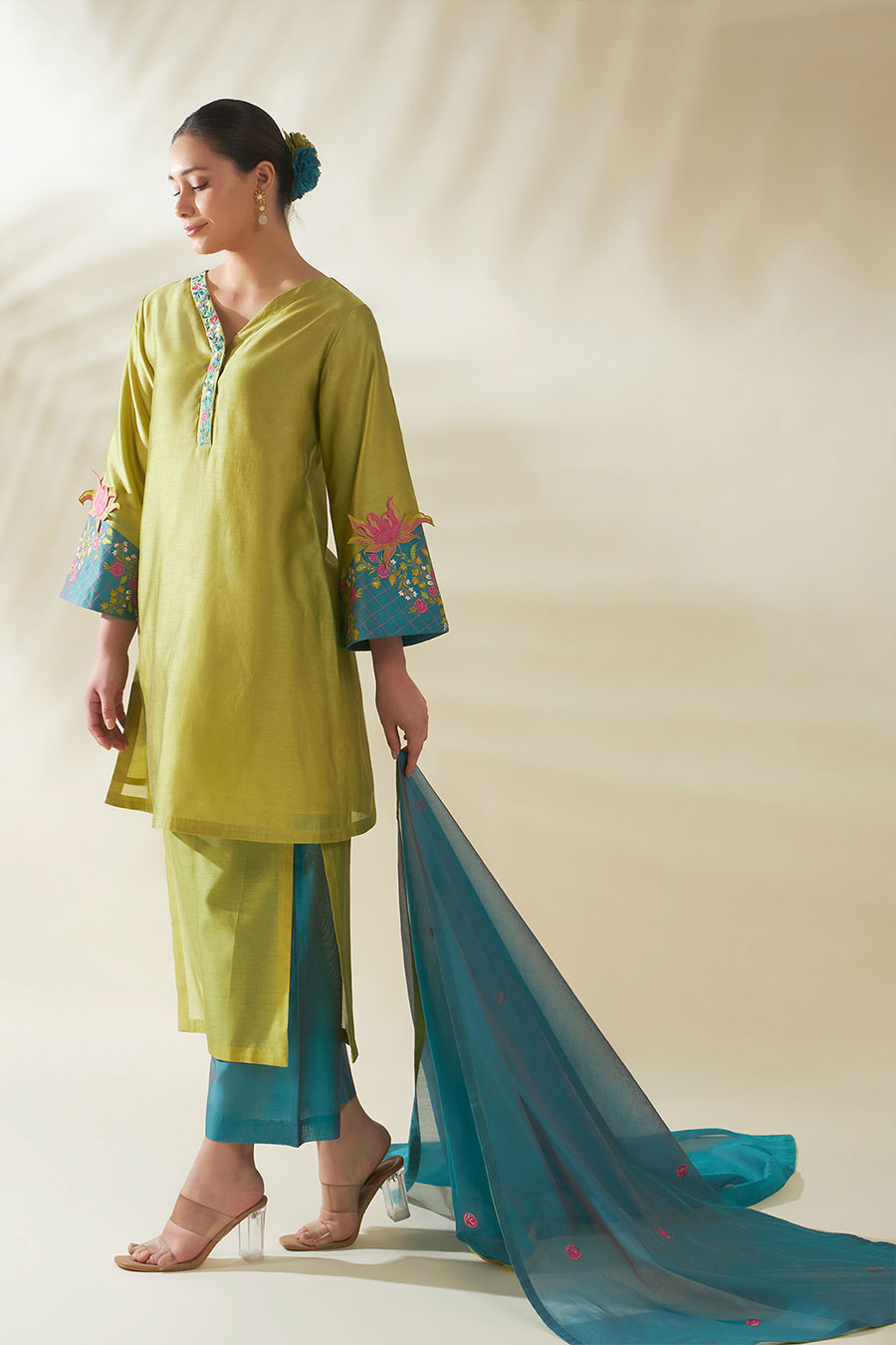 Green Tulip Chanderi Embroidered Tunic Set
