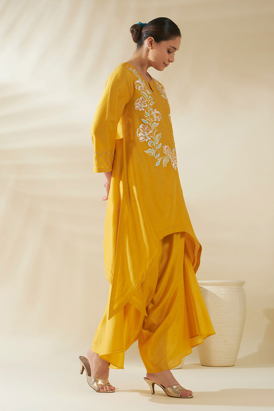 Noorvi Yellow Chanderi Embroidered Kurta Set