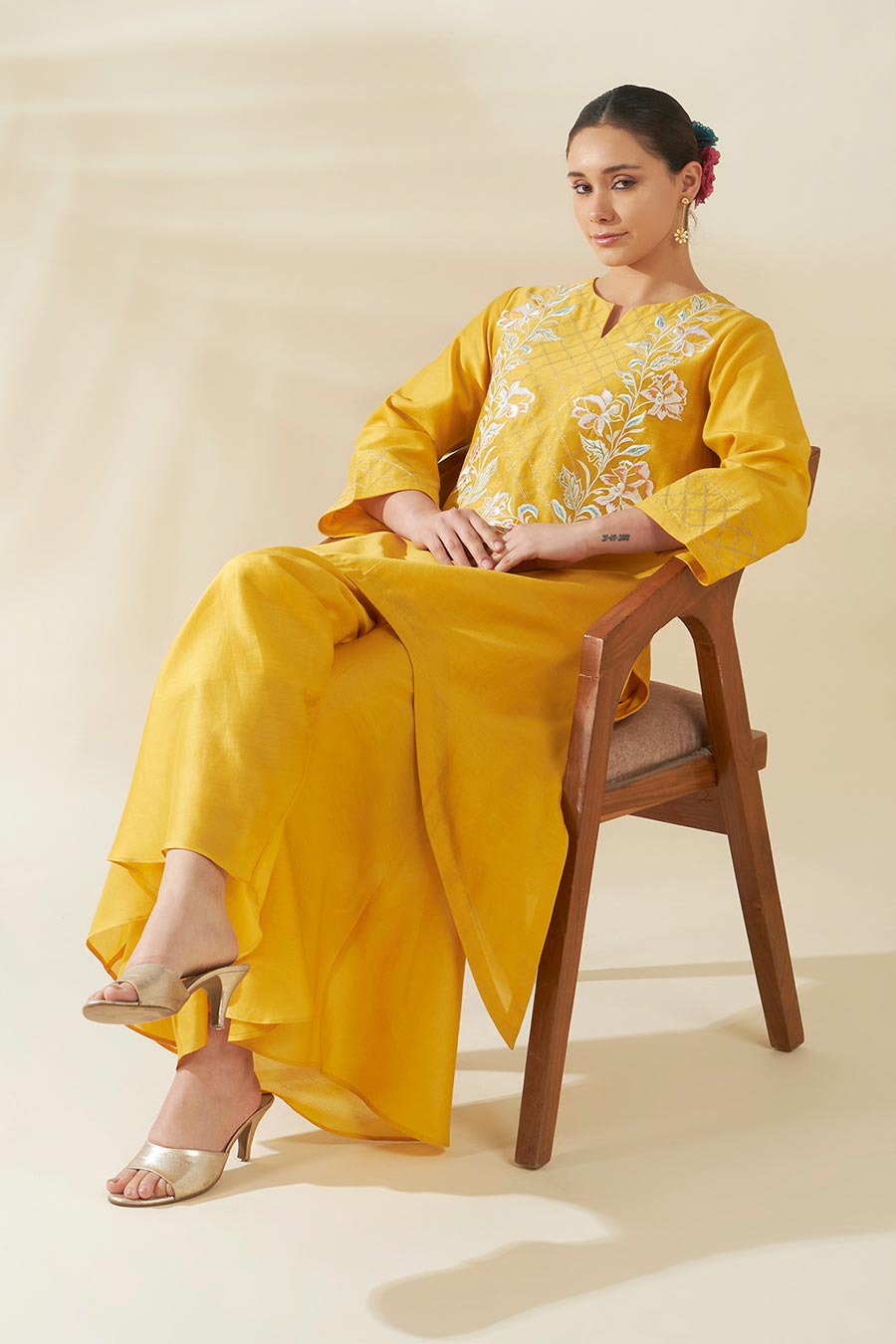Noorvi Yellow Chanderi Embroidered Kurta Set