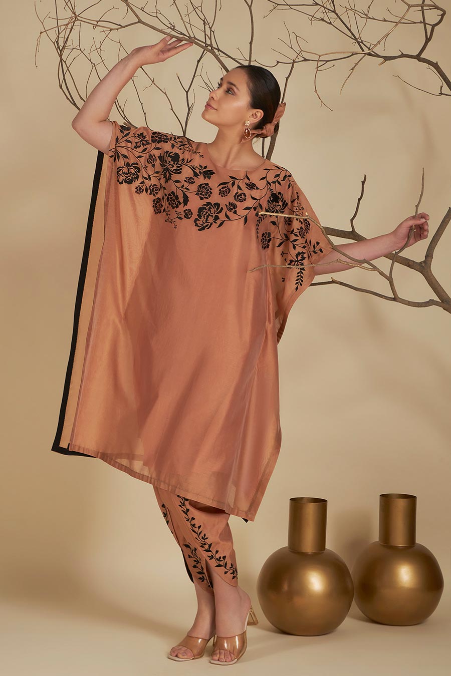 Nysa Peach-Black Chanderi Embroidered Kaftan Set