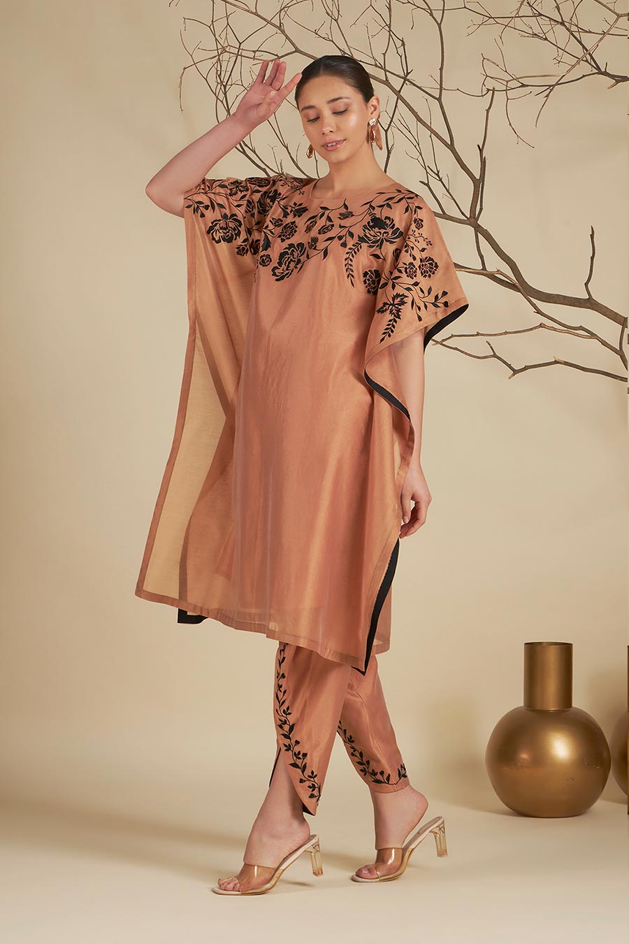 Nysa Peach-Black Chanderi Embroidered Kaftan Set