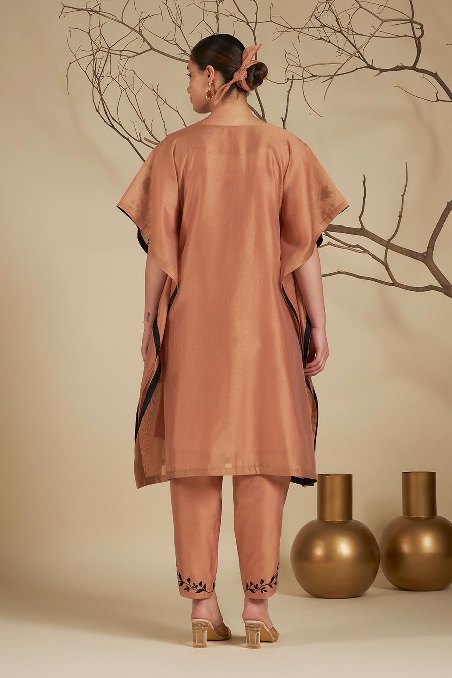 Nysa Peach-Black Chanderi Embroidered Kaftan Set