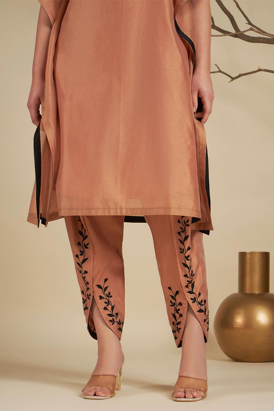 Nysa Peach-Black Chanderi Embroidered Kaftan Set