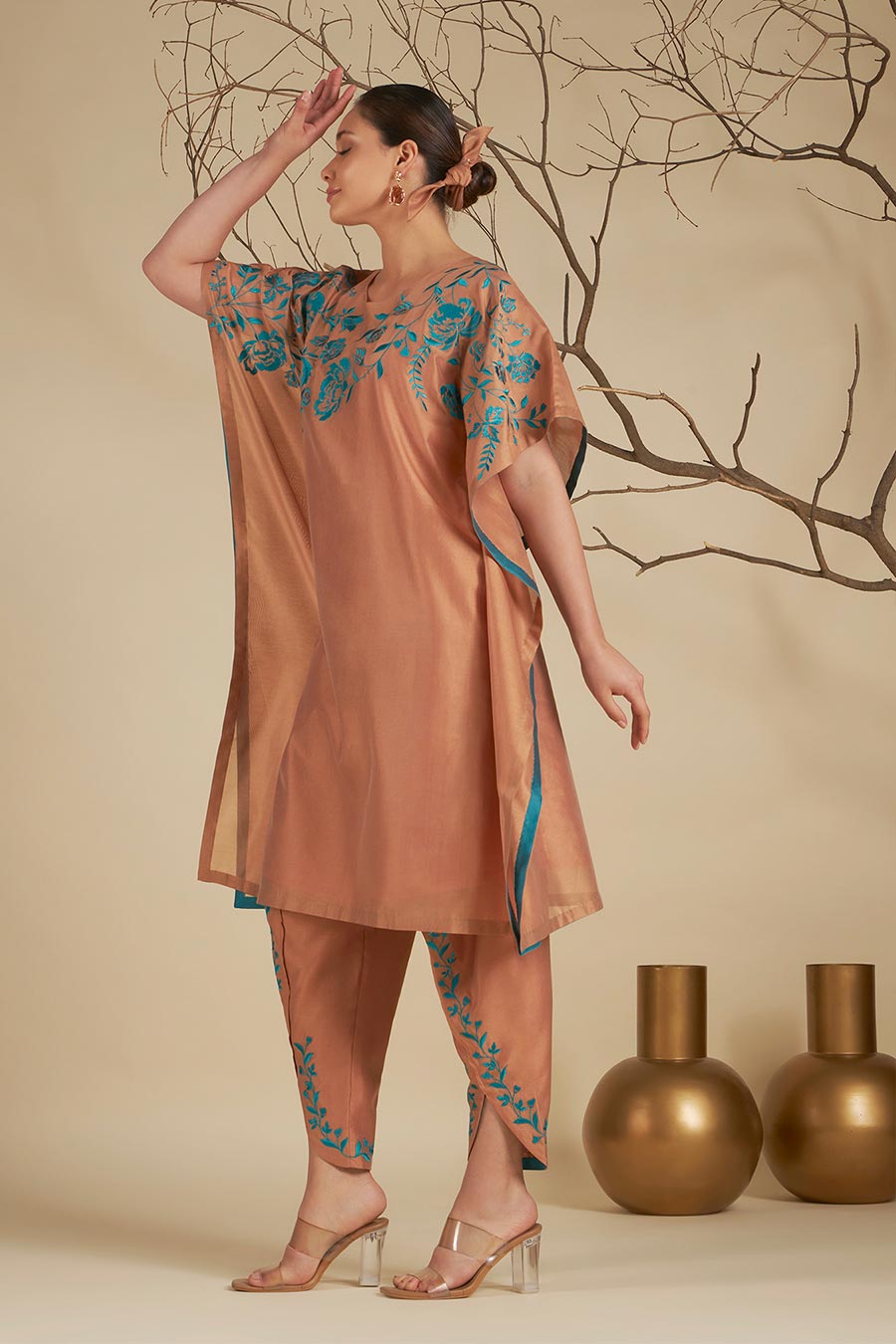 Nysa Peach-Blue Chanderi Embroidered Kaftan Set
