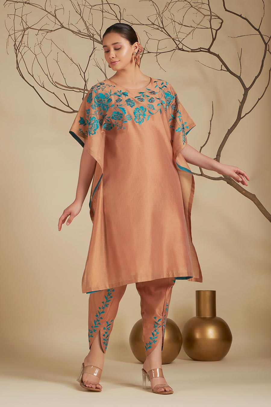 Nysa Peach-Blue Chanderi Embroidered Kaftan Set