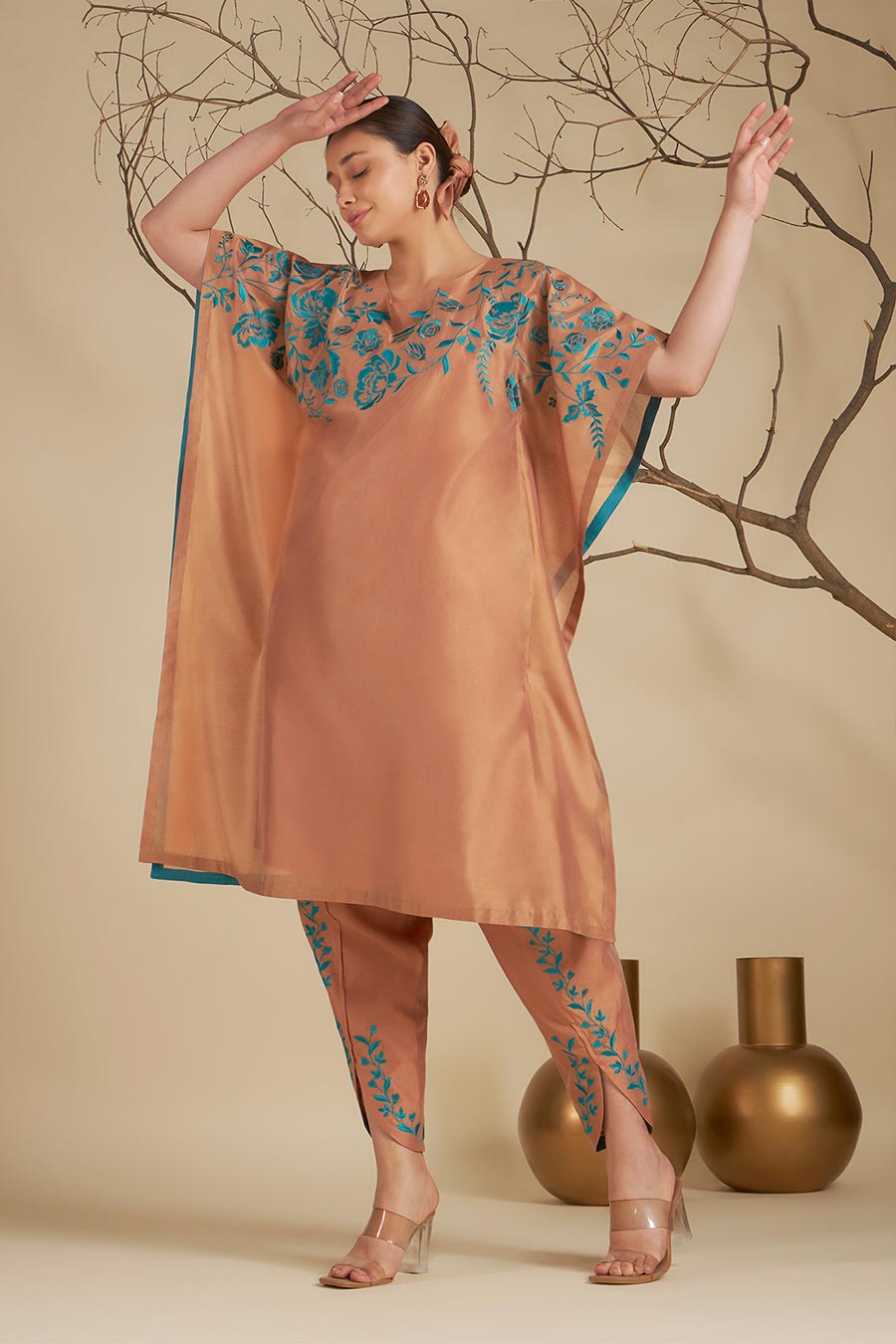 Nysa Peach-Blue Chanderi Embroidered Kaftan Set