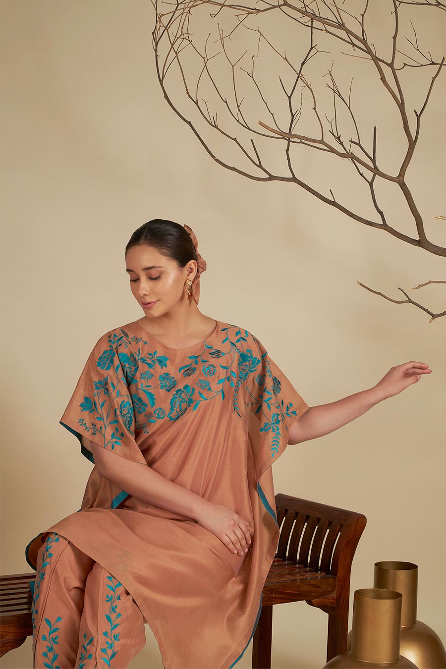 Nysa Peach-Blue Chanderi Embroidered Kaftan Set