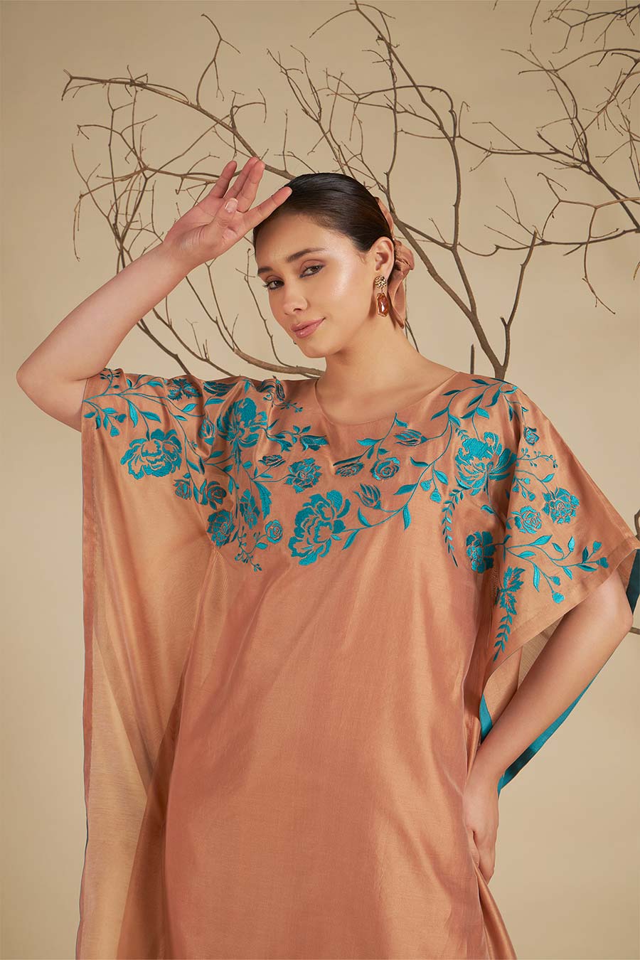 Nysa Peach-Blue Chanderi Embroidered Kaftan Set