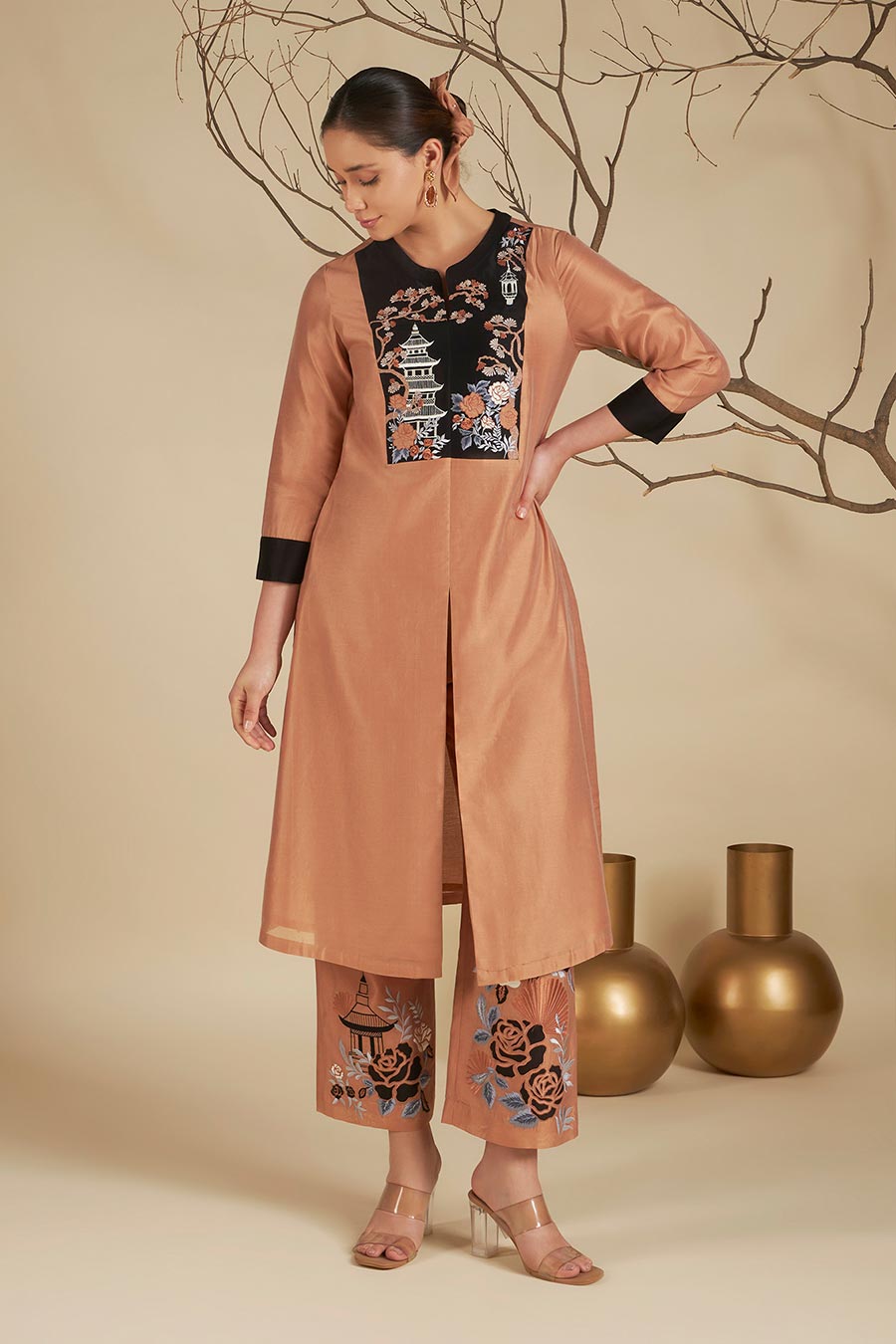 Riva Peach Chanderi Embroidered Kurta Set