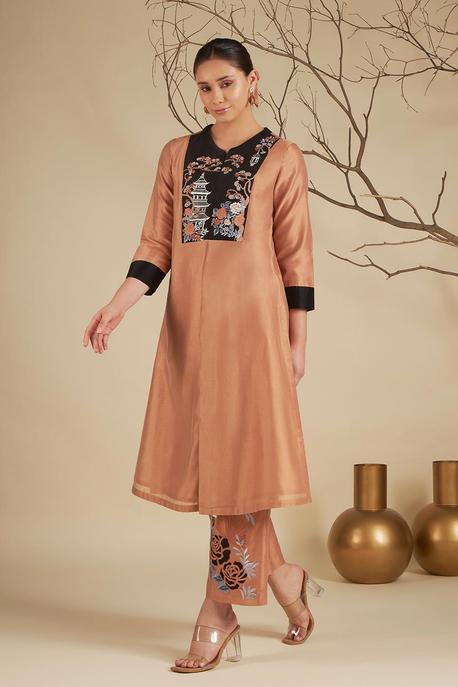 Riva Peach Chanderi Embroidered Kurta Set