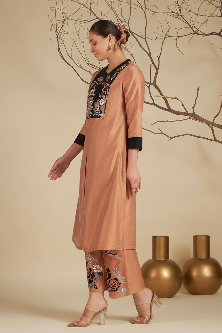 Riva Peach Chanderi Embroidered Kurta Set