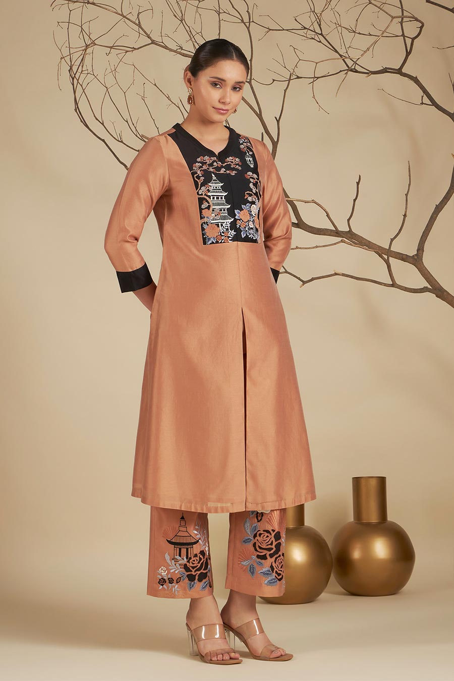 Riva Peach Chanderi Embroidered Kurta Set