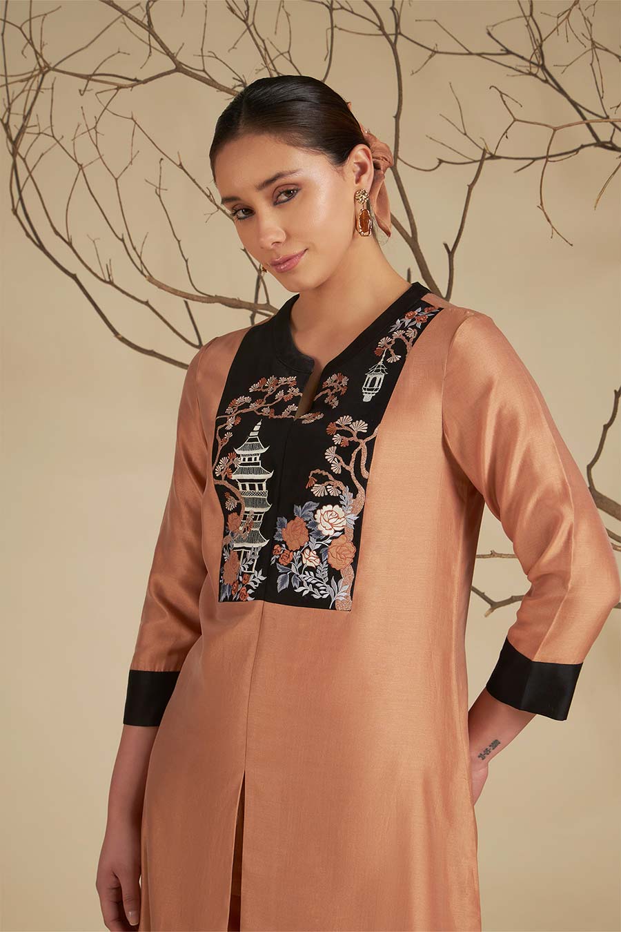 Riva Peach Chanderi Embroidered Kurta Set