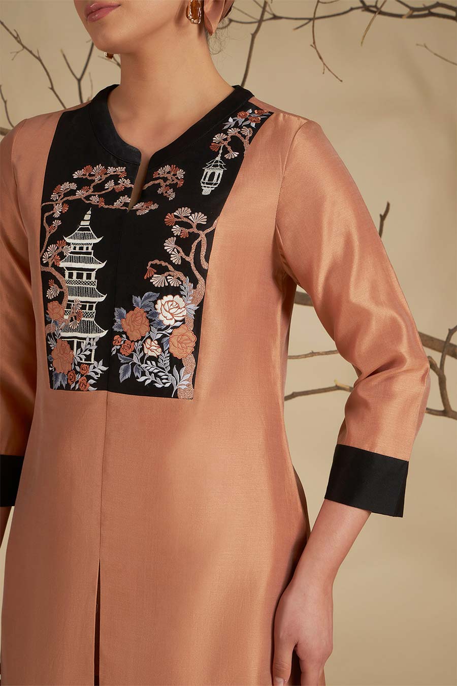 Riva Peach Chanderi Embroidered Kurta Set