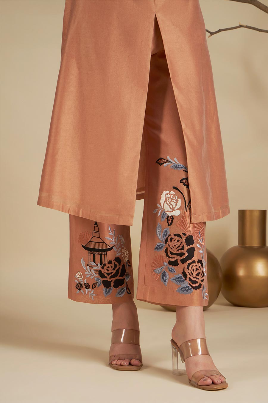 Riva Peach Chanderi Embroidered Kurta Set