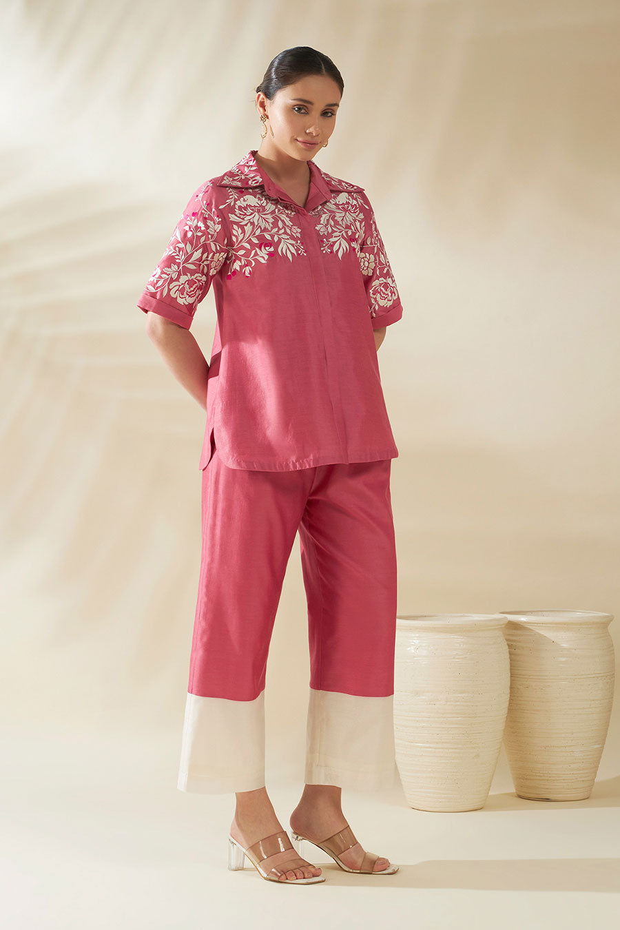 Fern Pink Chanderi Embroidered Co-Ord Set