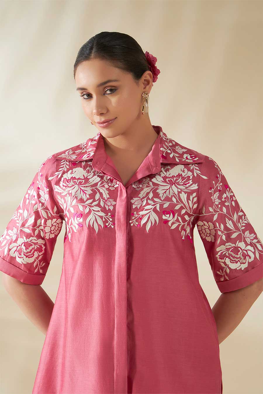 Fern Pink Chanderi Embroidered Co-Ord Set