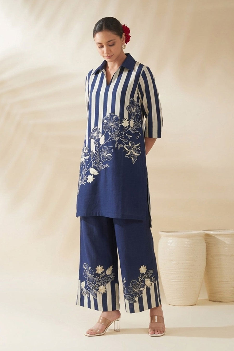Blue Striped Chanderi Embroidered Co-Ord Set