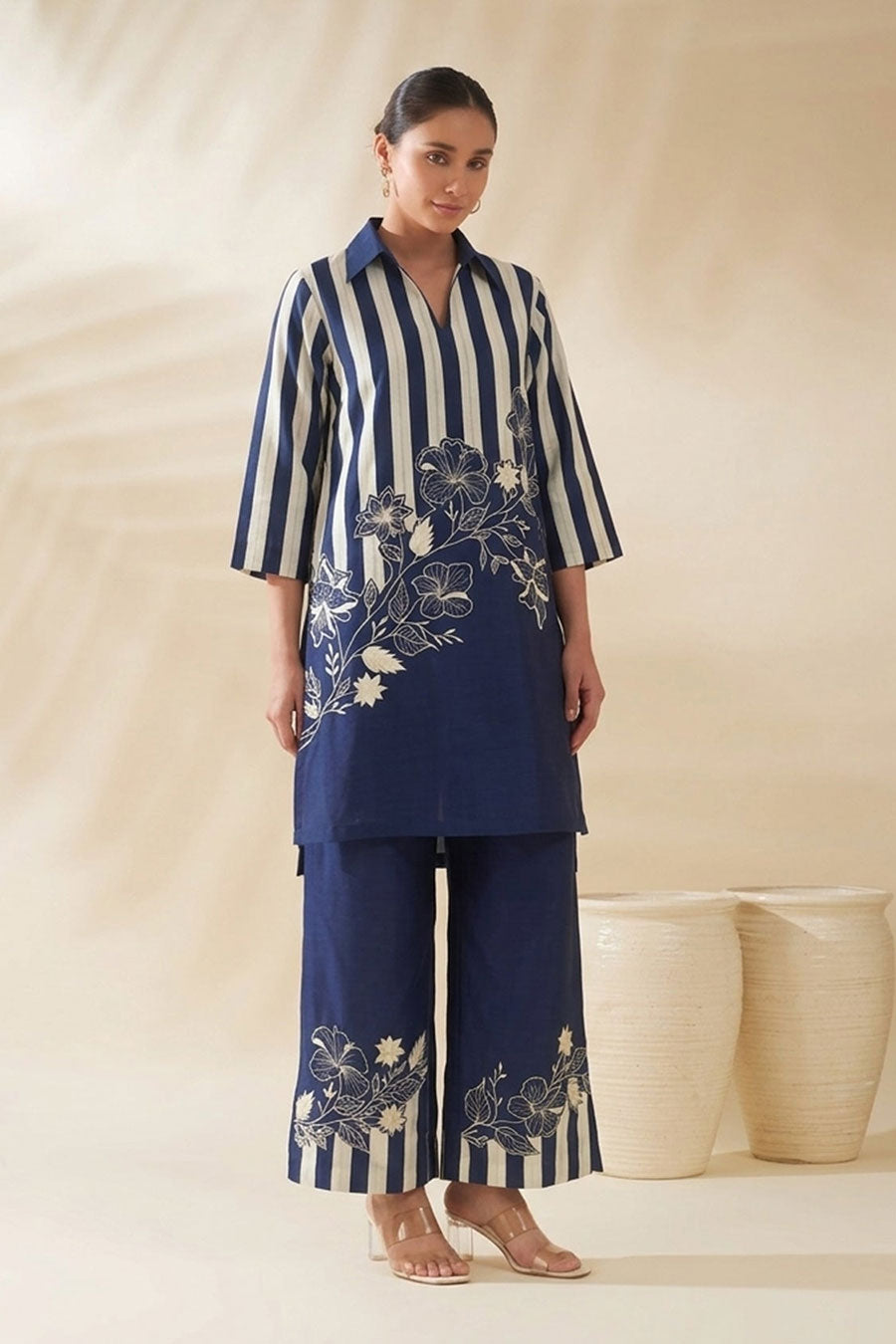 Blue Striped Chanderi Embroidered Co-Ord Set