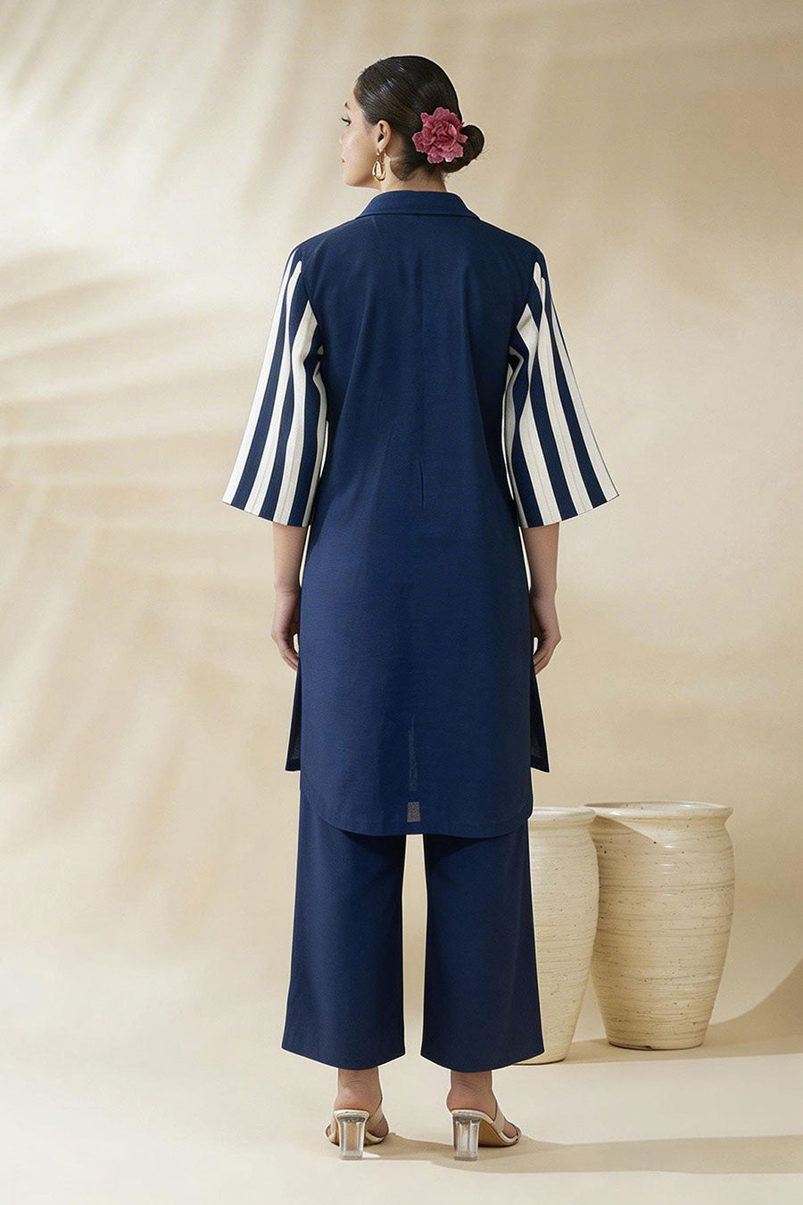 Blue Striped Chanderi Embroidered Co-Ord Set