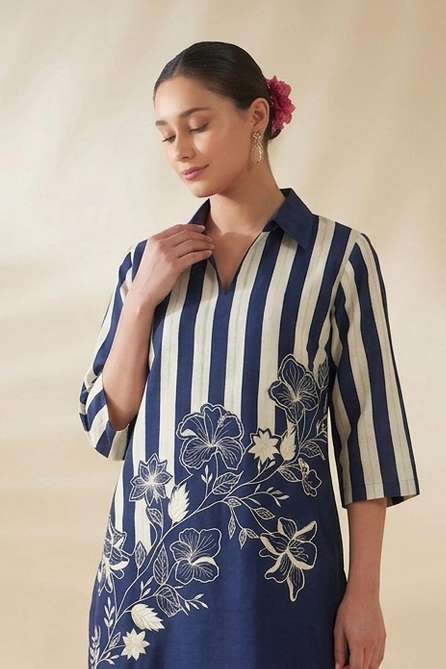 Blue Striped Chanderi Embroidered Co-Ord Set