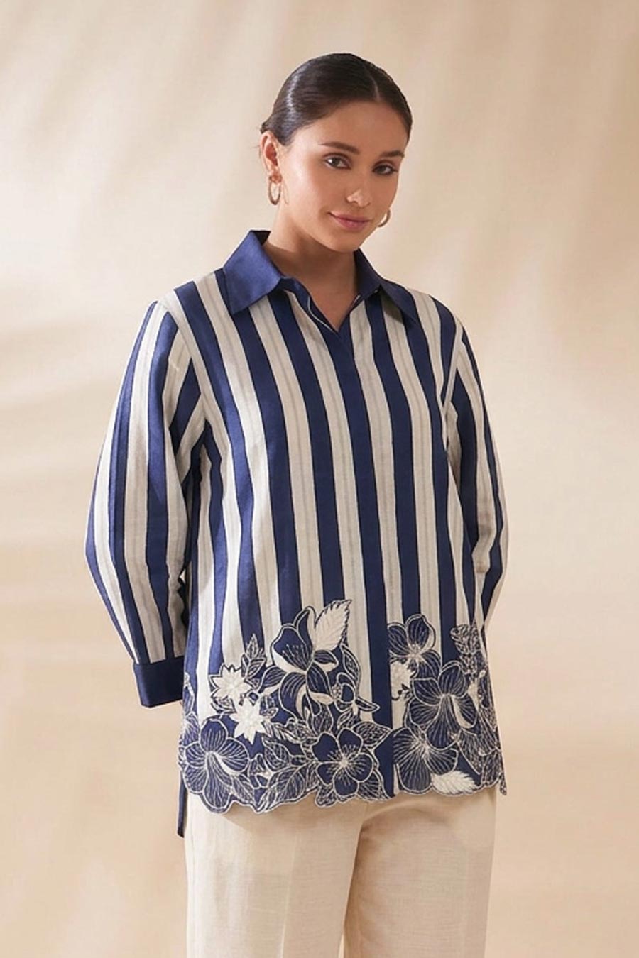 Blue Striped Chanderi Embroidered Shirt
