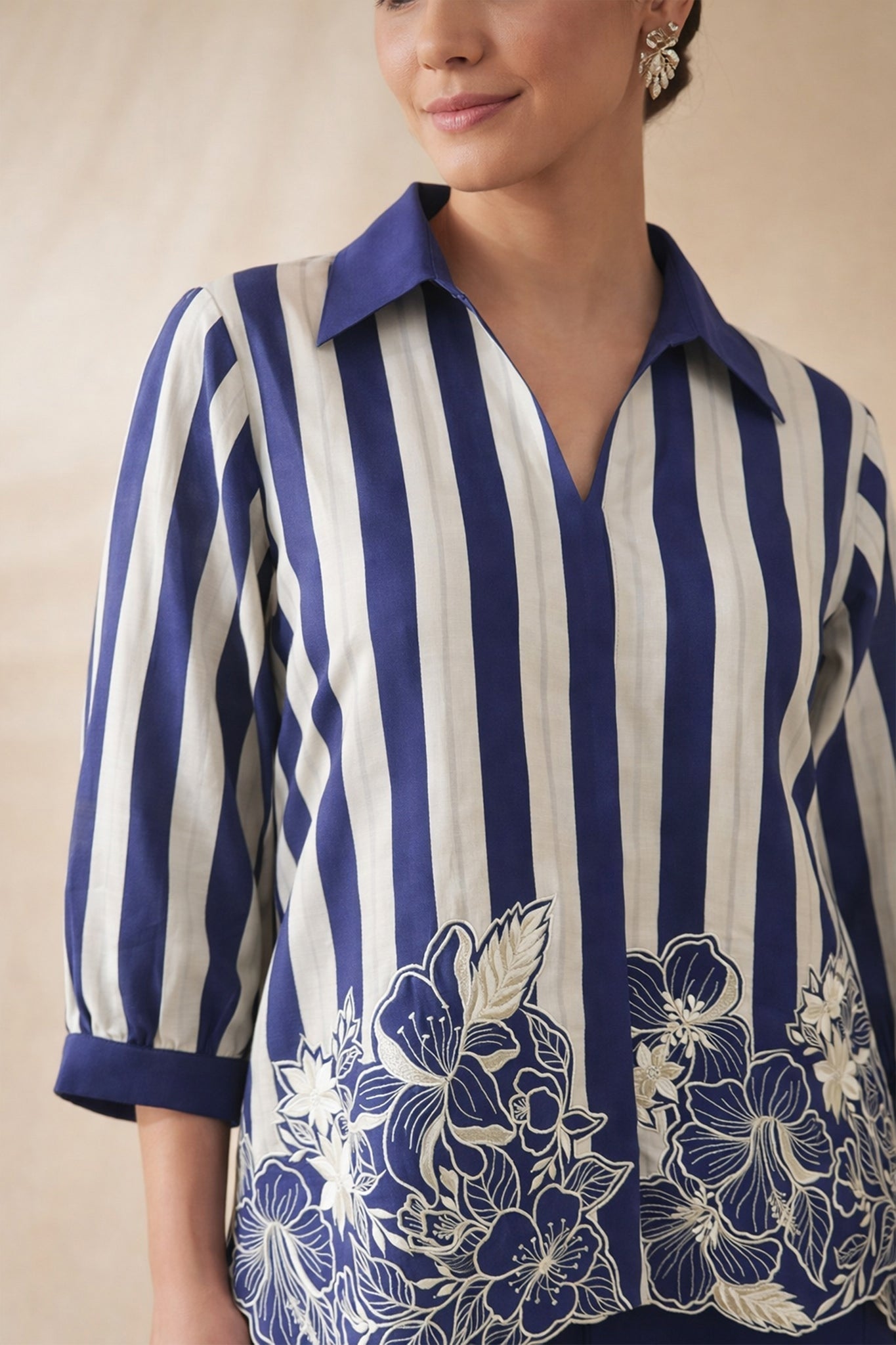 Blue Striped Chanderi Embroidered Shirt