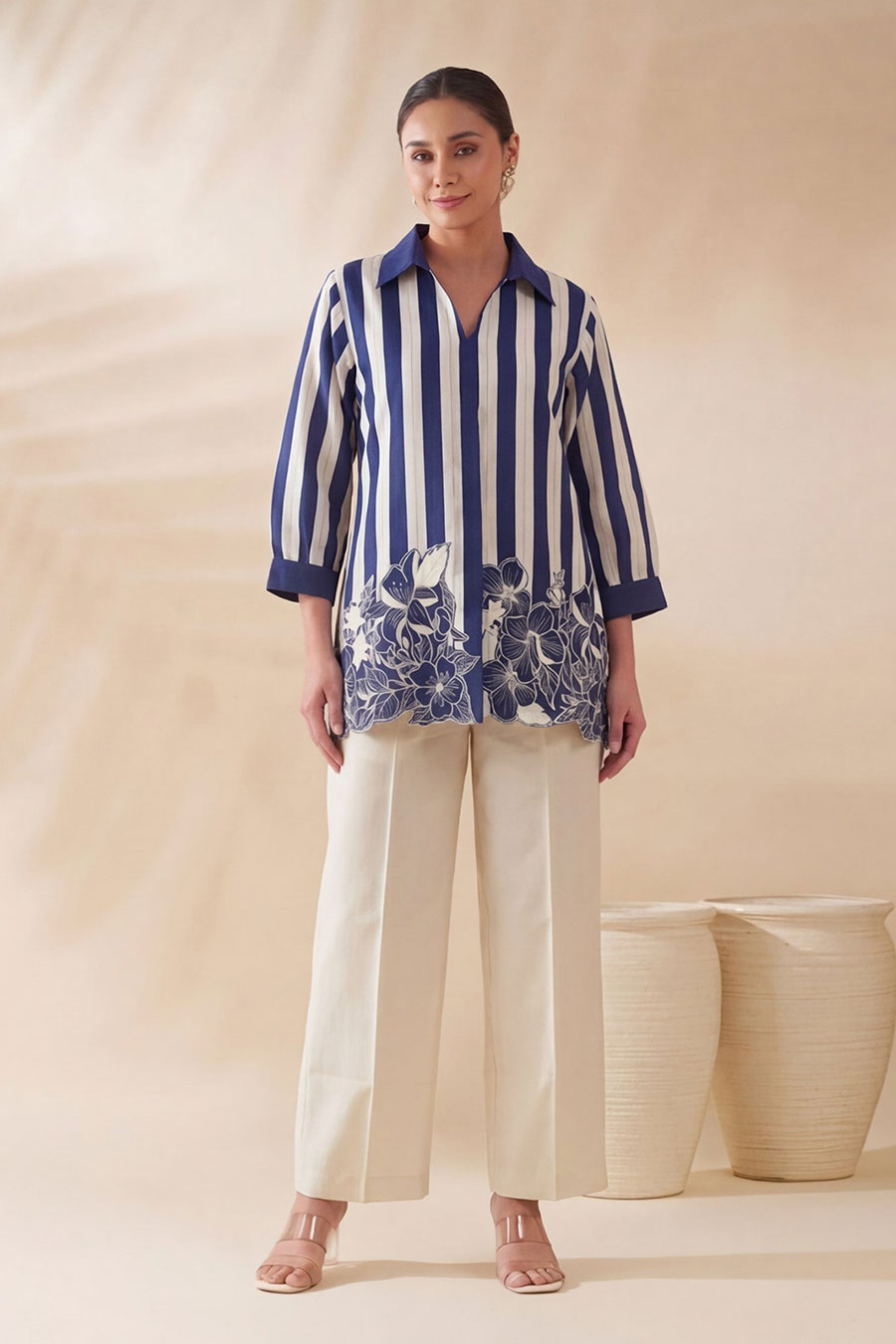 Blue Striped Chanderi Embroidered Shirt