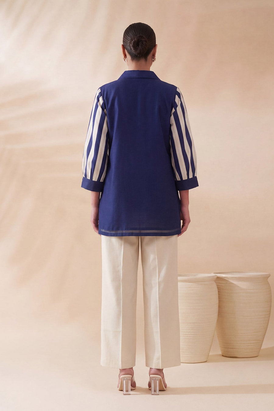 Blue Striped Chanderi Embroidered Shirt