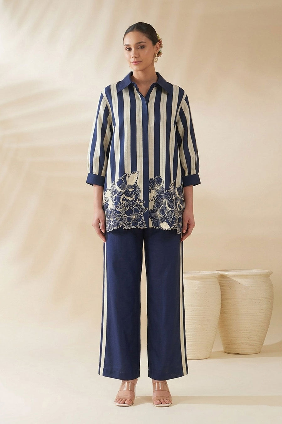 Blue Striped Chanderi Embroidered Co-Ord Set