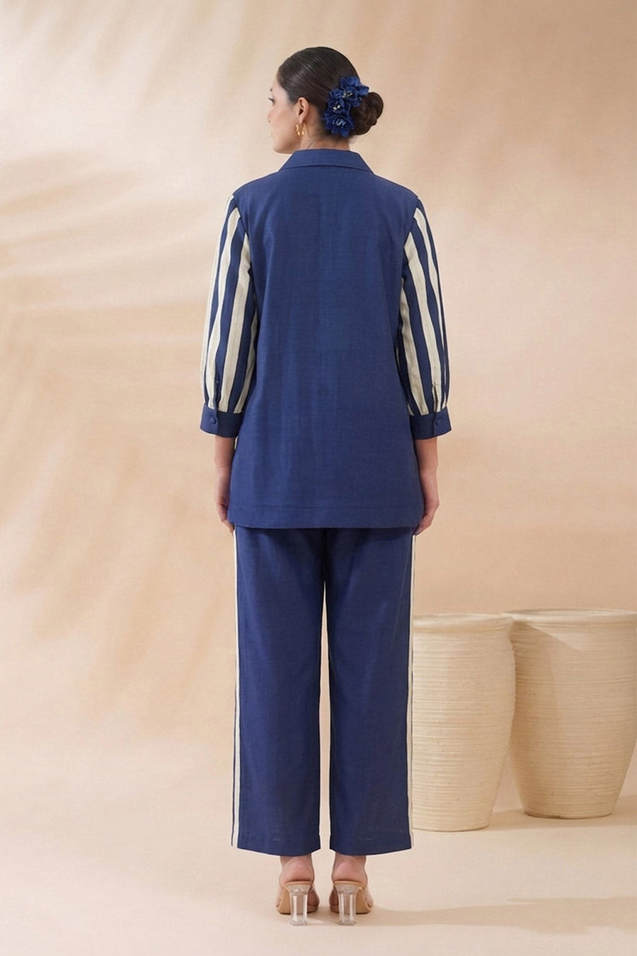 Blue Striped Chanderi Embroidered Co-Ord Set