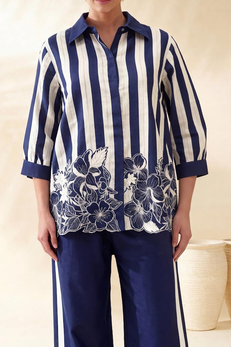 Blue Striped Chanderi Embroidered Co-Ord Set