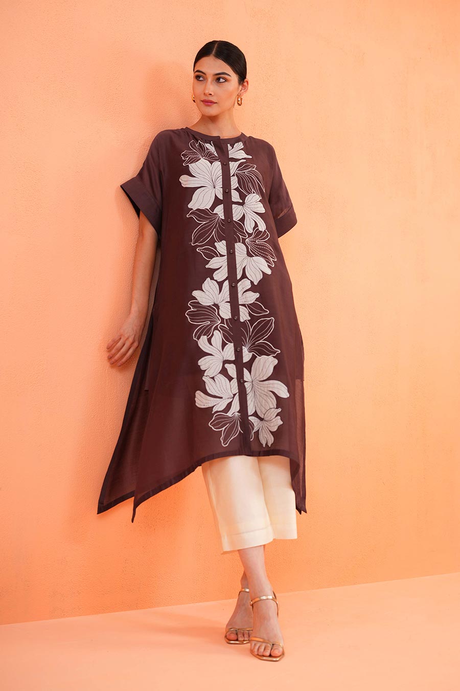 Brown-Ivory Noir Embroidered Tunic & Pant Set