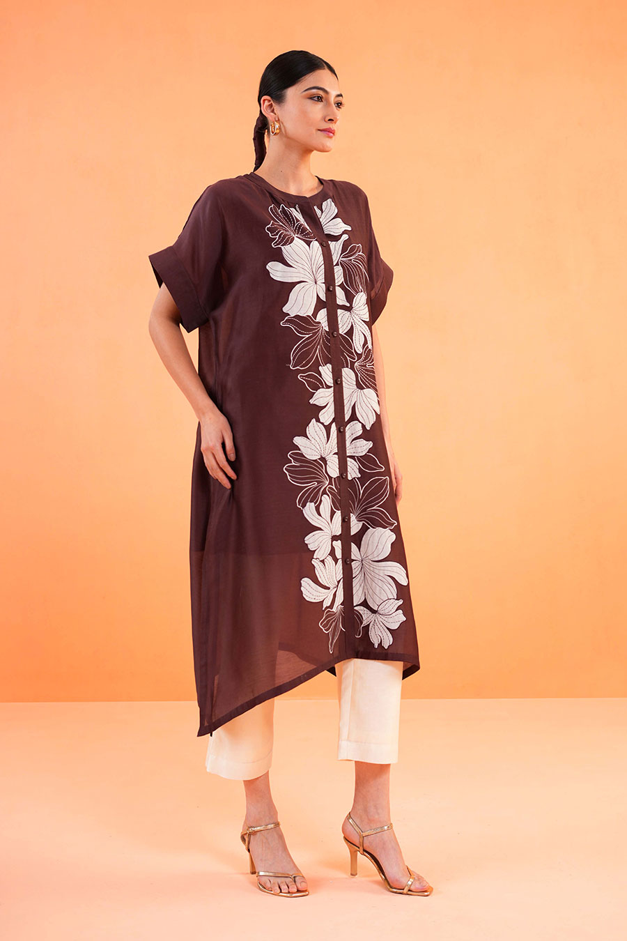 Brown-Ivory Noir Embroidered Tunic & Pant Set
