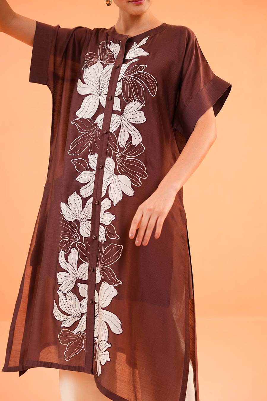 Brown-Ivory Noir Embroidered Tunic & Pant Set