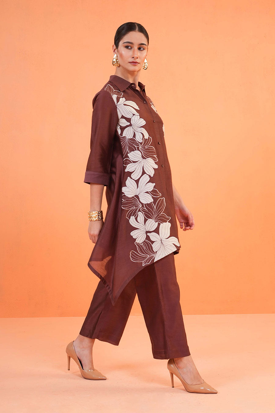Brown Noir Embroidered Tunic & Pant Set