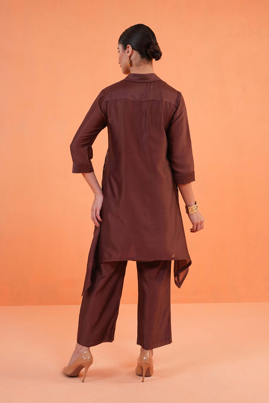 Brown Noir Embroidered Tunic & Pant Set